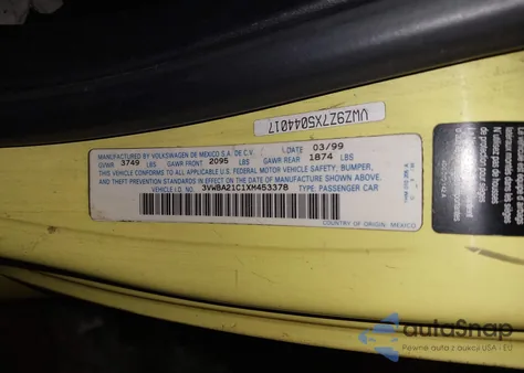 1999 Volkswagen New Beetle Gl из США, поврежденный, VIN 3VWBA21C1XM453378